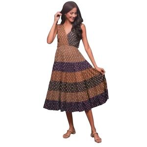 Sacred Threads Floral Patchwork Tiered Midi Dress Boho Hippie Brown Purple S/M